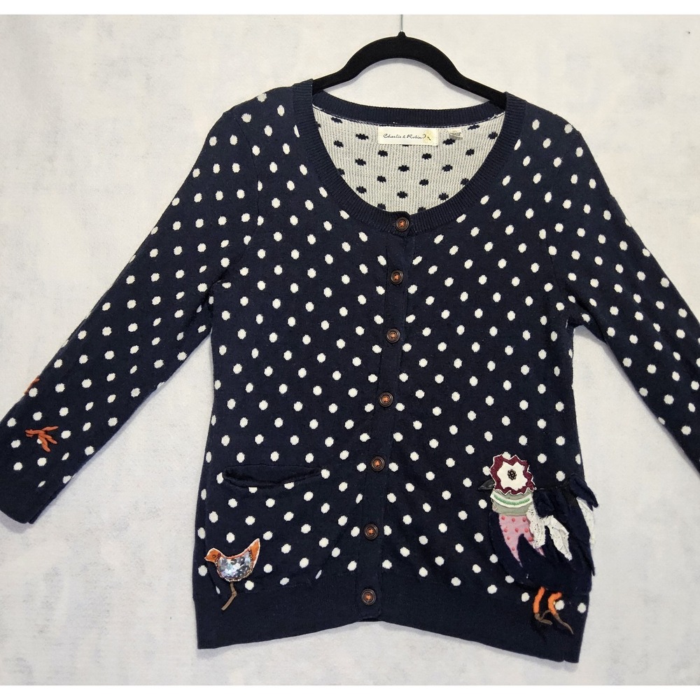 Anthropology Charlie & Robin Cardigan Sweater S Chicken Bird Folk Art Polka Dots